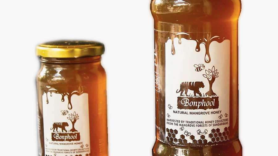 Jars of Sunderbans honey that are being sold online.