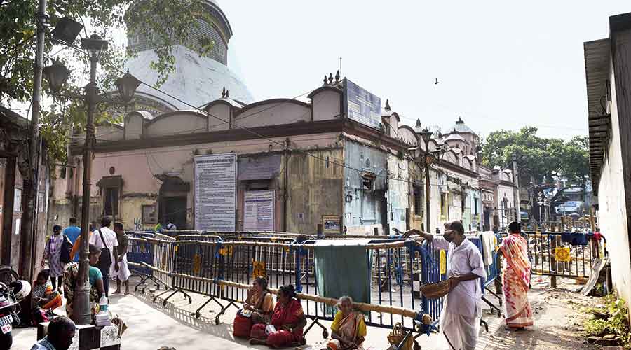 Guardrails placed outside Kalighat temple on Saturday. 