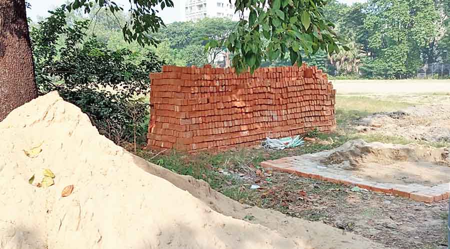 Construction materials at the site inside Vivekananda Park where a Chhath Puja venue was being constructed