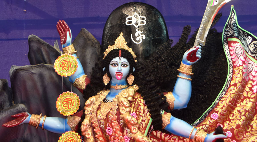 The idol of Goddess Kali of Sri Sri Shyama Puja Committee, Jharnapara, Park Market in Dhanbad on the occasion of Kali Puja in Dhanbad on Saturday. 