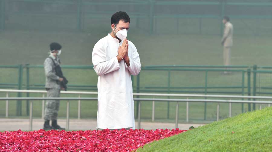 Rahul Gandhi pays tribute to  Jawaharlal Nehru on his birth anniversary at Shanti Van in New Delhi on Saturday. 