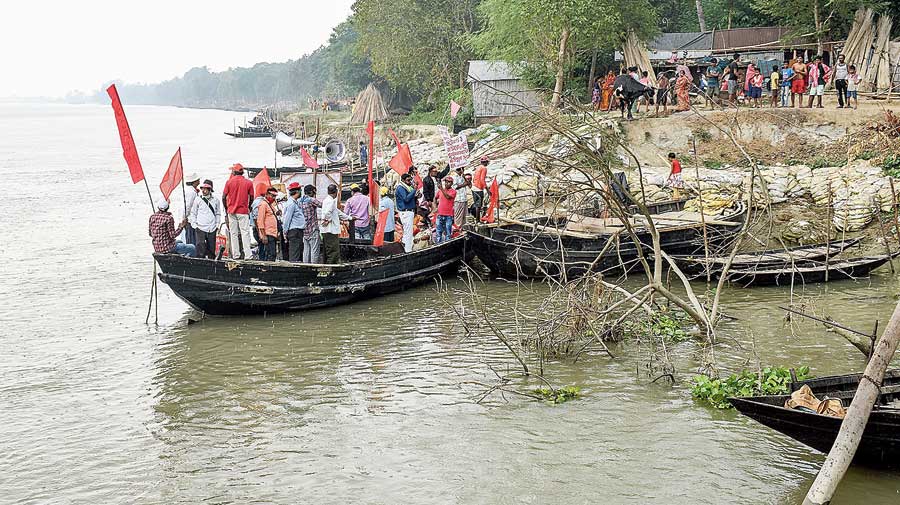 A boat rally by the CPM on the Hooghly in Santipur on Friday.