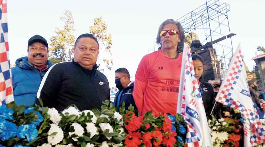 GTA chairman Anit Thapa on the dais at the starting point  of the marathon in Chowrasta