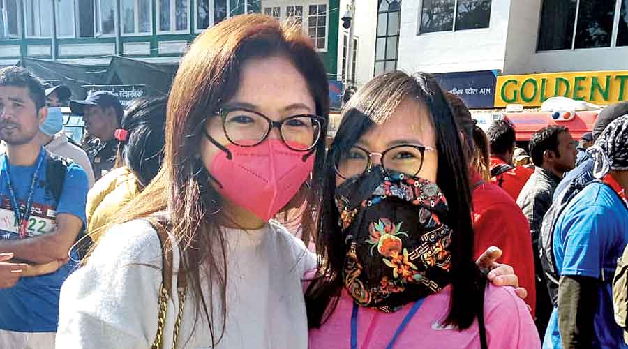 Two Darjeeling-based dentists, Rinchey Norbu (left)  and Sandy Tshering Rai, who cheered their husbands  taking part in the run