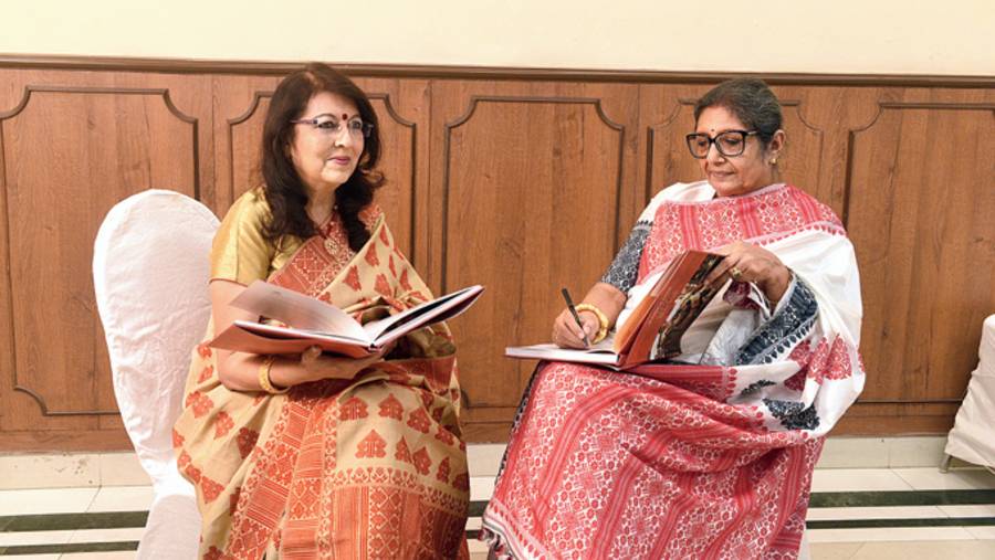 Rita Bhimani and Sampa Das at the launch of Sampa Das: Golden Muga Revivalist at The Bengal Club on Saturday.