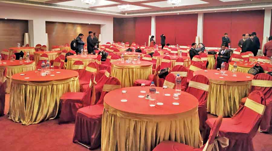 The banquet hall at the venue decorated for a party