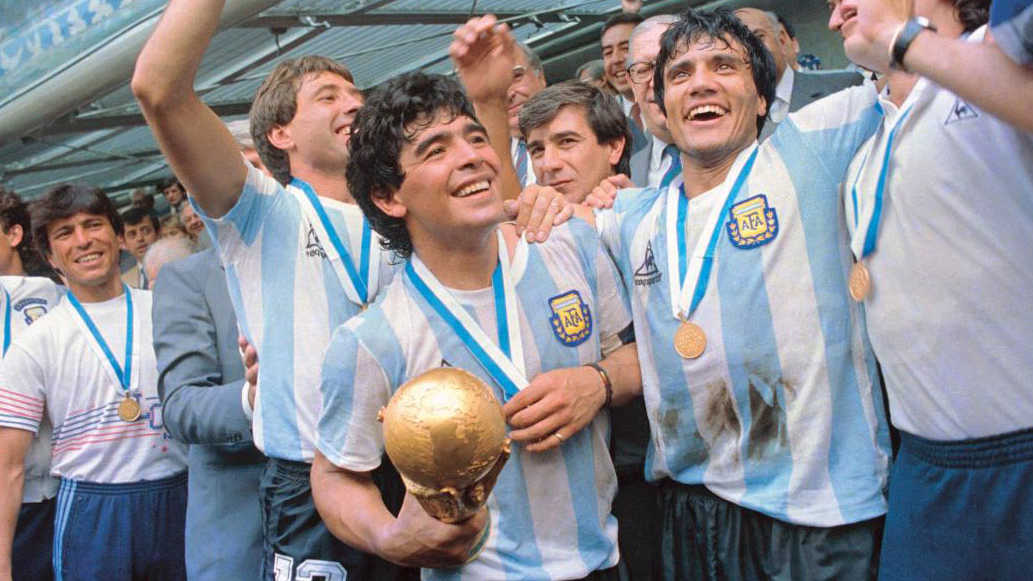 Diego Maradona (holding trophy) with his teammates after winning the 1986 Fifa World Cup. The final, held at the Estadio Azteca in Mexico City on June 29, 1986, pitted Argentina against West Germany. Argentina won 3–2. 
