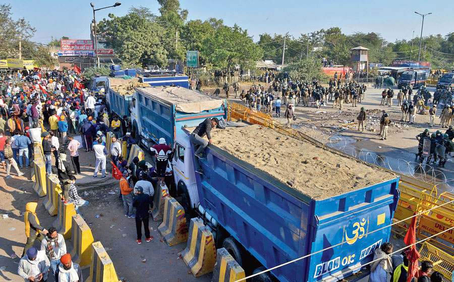A police barricade at the Singhu border.