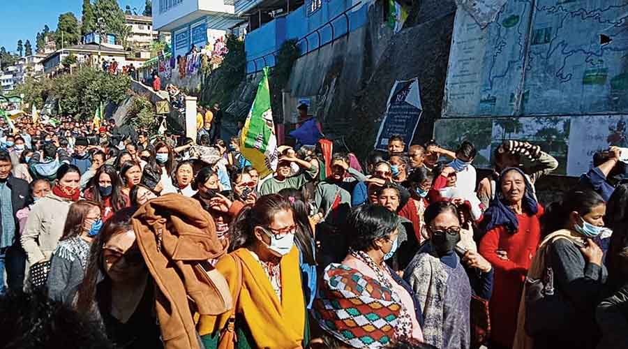 Supporters of the Gurung faction take out a rally ahead of the public meeting of Gorkha Janmukti Morcha (Gurung faction) in Kurseong on Sunday