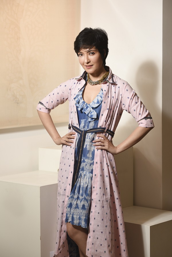 A Chanderi jacquard kurta shirt with tape detailing is paired with a linen Shibori dress with a ruffled neckline for a day-to-evening look. The pastel shades are perfect for a day look. Take off the shirt, add some accessories, like this choker from CIMA’s costume jewellery section, and you are set for an evening do. (Dress: Rs 7,000, Kurta shirt: Rs 7,500, Choker: Rs 725)