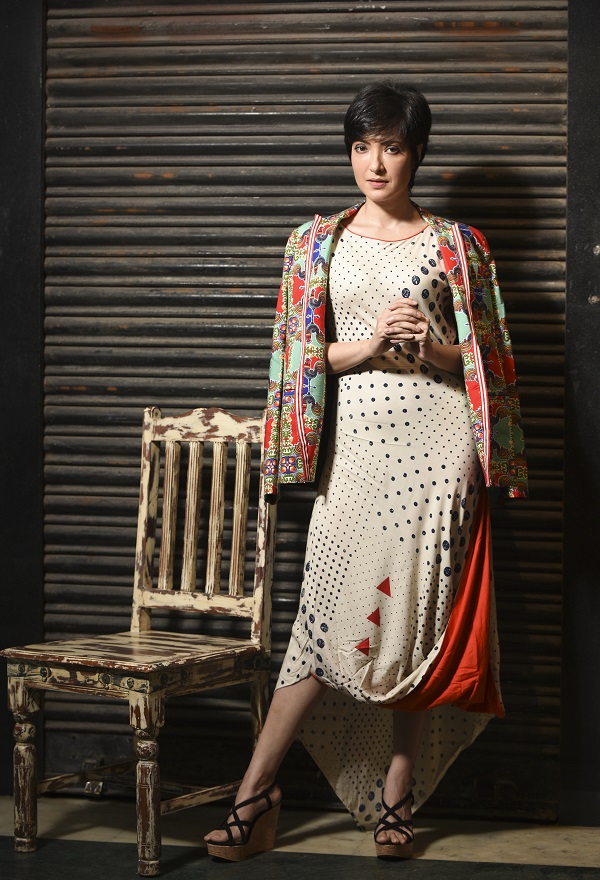 Festive also means fun, and this geometric-print draped dress worn with a signature rooster-print lapel jacket from the men’s section of Parole spells fun. (Dress: Rs 3,900, Jacket: Rs 9,000). “Boyfriend jackets are in, so you can make a statement with the rooster-print jacket. The dress is casual. It is stretchy and comfortable. This outfit is great for a terrace party or even a staycation at a resort,” said Dutta. 