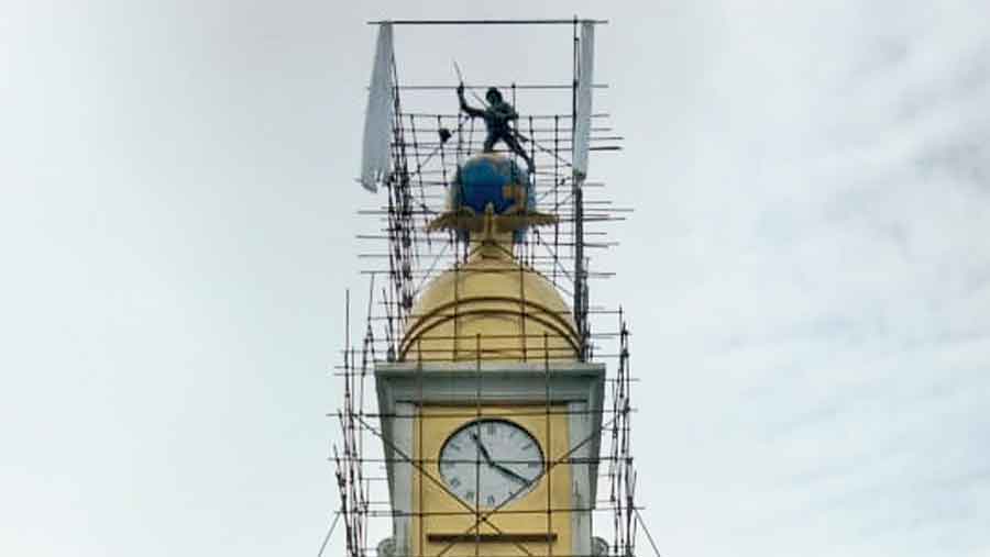 The Gorkha Rangamancha Bhavan in Darjeeling with the newly installed statue atop on Friday