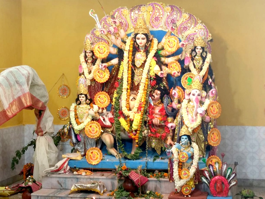 The idol of Goddess Durga at the Chatterjee family Durga Puja mandap at Chiragora, Hirpur in Dhanbad last year
