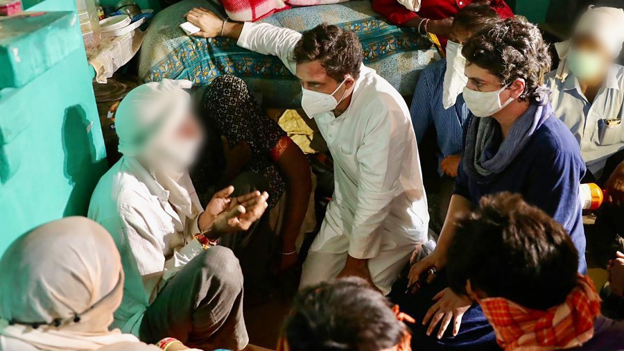 Priyanka Gandhi Vadra and Rahul Gandhi meet the family members of the Dalit woman who died after being allegedly raped at Bulgadi village in Hathras. 
