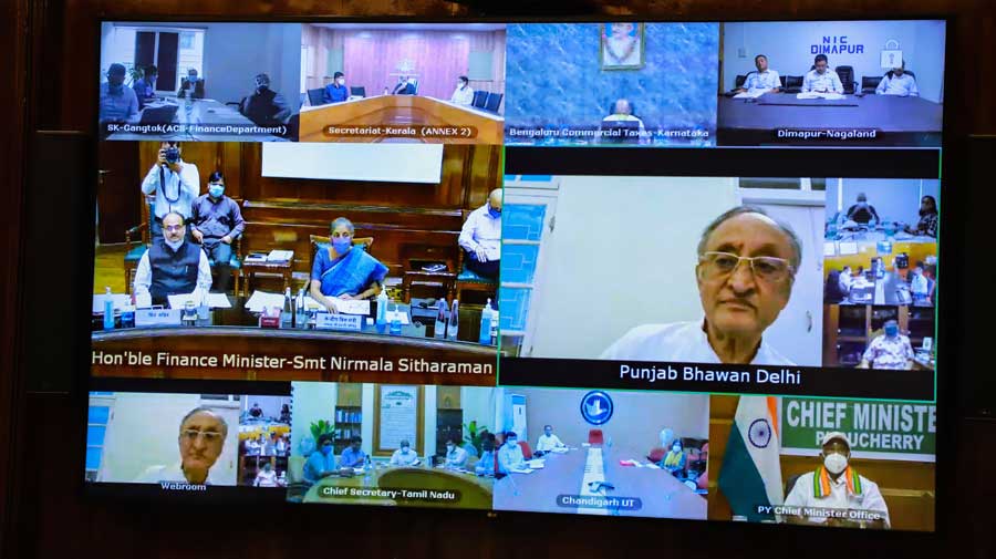 Screenshot of state finance ministers attending the 42nd GST Council meeting via video conferencing on Monday.