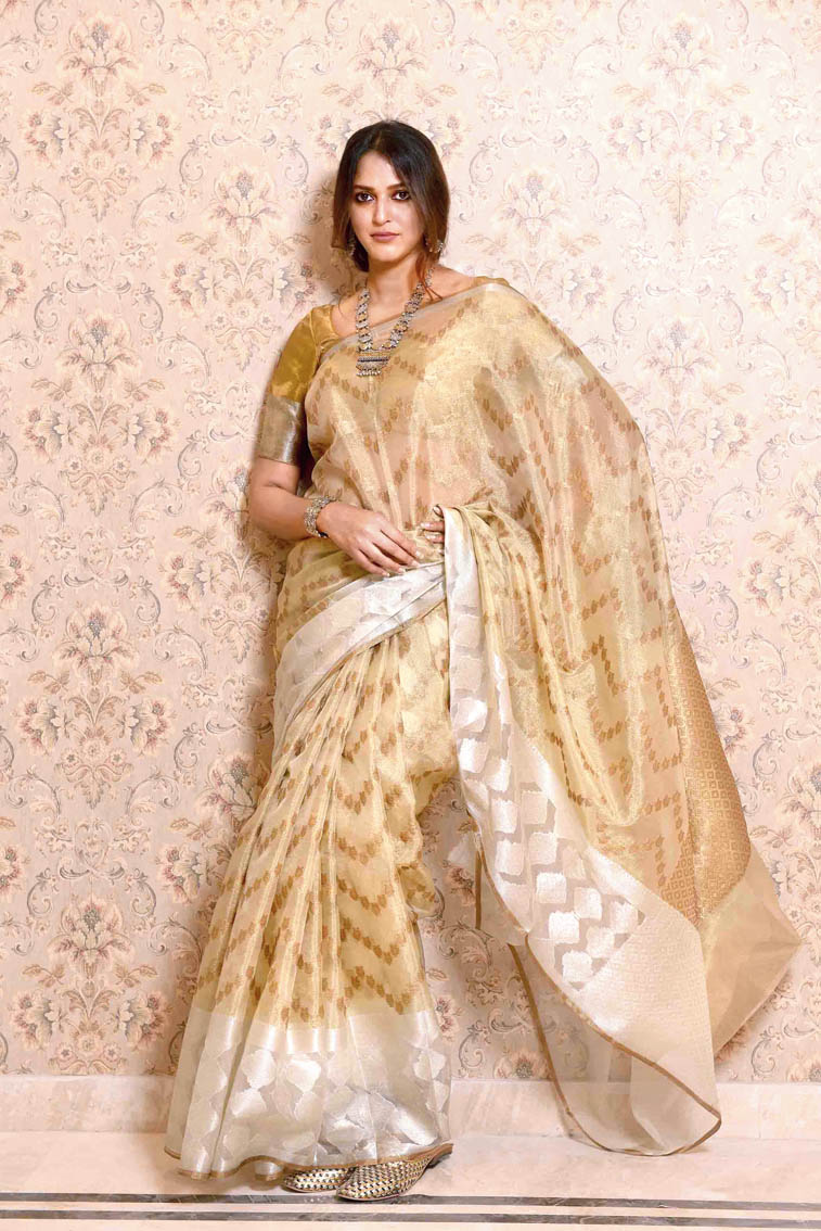 1. This kora tissue sari is all about subtle elegance. “How beautifully does gold and silver blend into each other,” said Mitali. “It’s got an antique gold look. Classy and great for a reception or a formal occasion,” said Avishek. The Omaago! saris are priced at Rs 1,800 onwards. “We plan to give a discount code for your readers. Go to the e-commerce website (www.omaago.co.in) and just before checking out, you can type the code T220 and you get a 20 per cent discount on the entire range,” said Avishek.