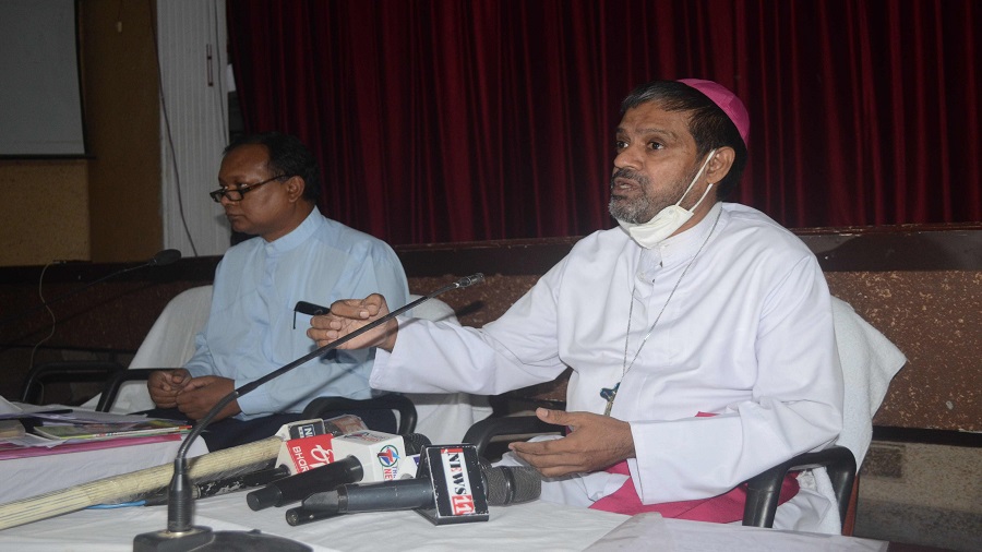 Father Theodore Mascarenhas, the auxiliary bishop of Ranchi, addresses the media on Thursday
