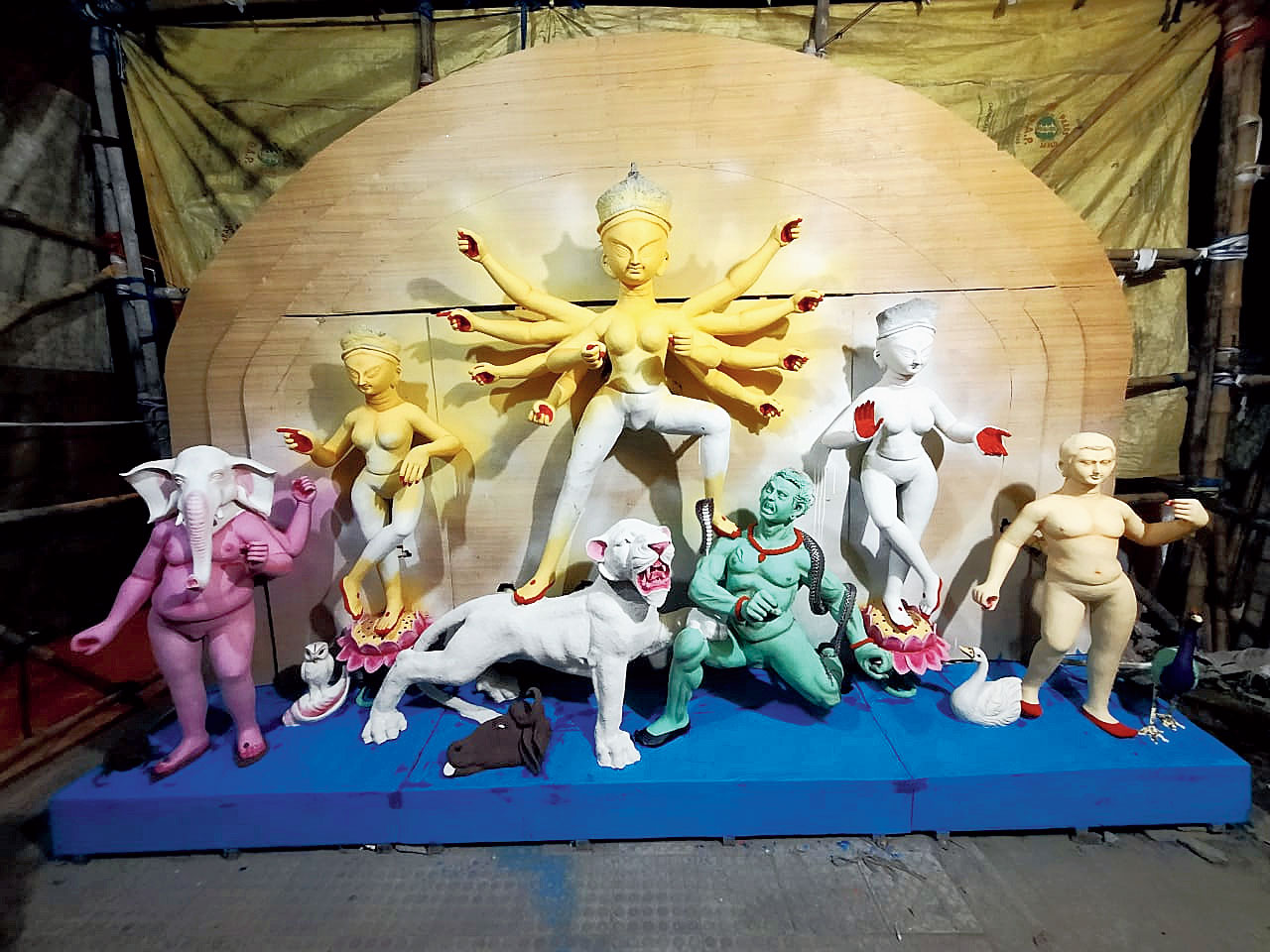 The AE (Part 2) idol is being sculpted in the block as visiting Kumartuli repeatedly was considered unsafe