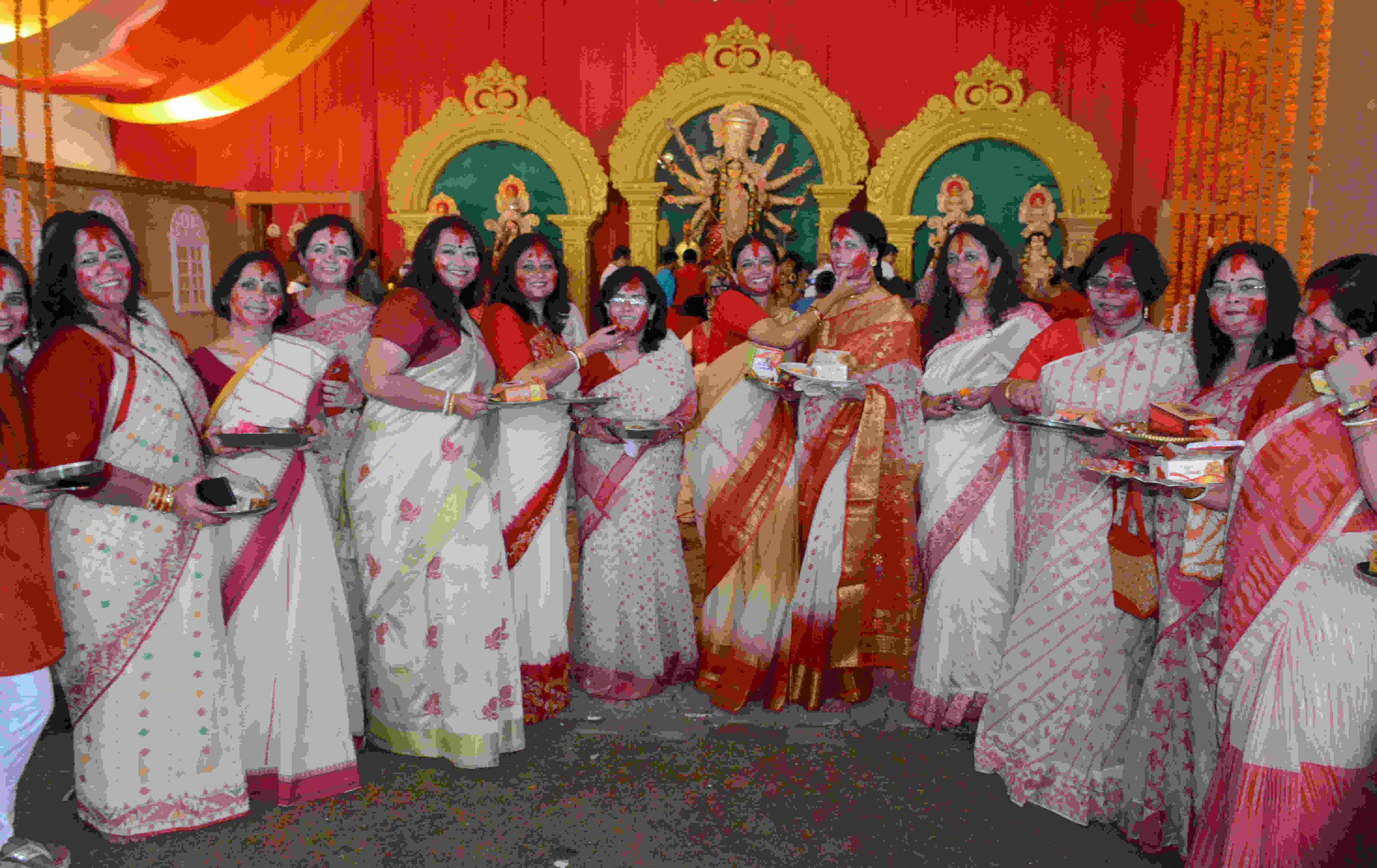Women take part in sindoor khela on Dashami at the Circuit House Durga Puja pandal in Jamshedpur last year.
