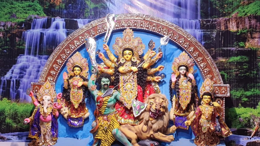 The Durga idol at DAV Ground Purana Bazar, Dhanbad, on Thursday.