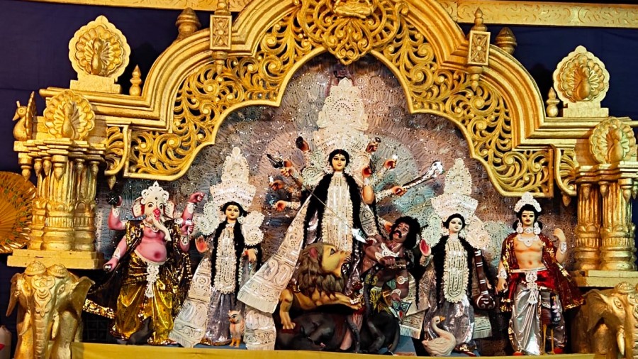 The Durga idol at the Bengali Welfare Society puja pandal in Park Market at Dhanbad’s Hirapur on Thursday.