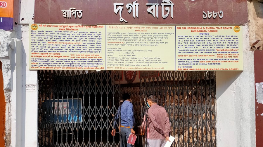 A limited number of visitors being allowed in the temple on Main Road in Ranchi on Friday. 
