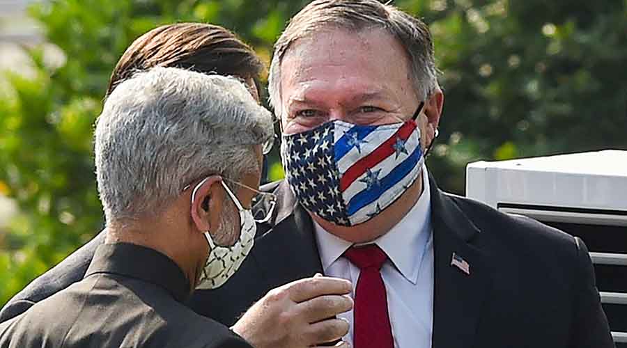  External Affairs Minister S. Jaishankar and U.S. Secretary of State Mike Pompeo leave after a press statement, at Hyderabad House in New Delhi, Tuesday, October 27, 2020. 