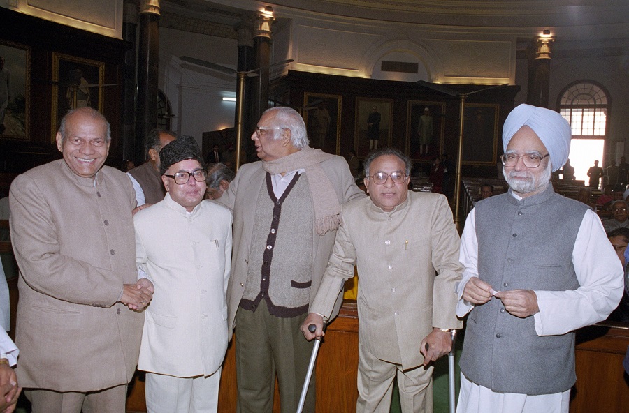 Pranab Mukherjee (Second from Left) with Manmohan Singh and others during Parliamentary Awards in New Delhi on December 19. 1999.