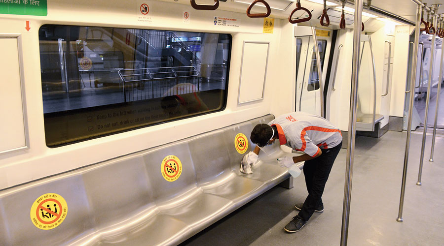 As part of the Delhi Metro drive to resume services from next week, every alternate seat is marked with a yellow symbol asking passengers not to use them to ensure physical distancing. 