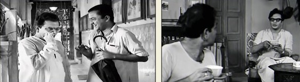7. Two different movies from two completely different genres. But a very talented actor is sharing the space with two actors who are stars in their own rights – Bhanu Bandyopadhyay and Uttam Kumar. In one scene, he is seen enjoying a dose of nose powder and in the other a cup of tea. Who is this actor who was a favourite of Satyajit Ray?