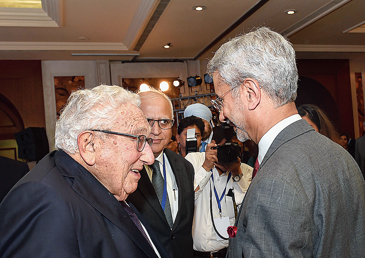 External affairs minister S Jaishankar greets former US secretary of state Henry Kissinger at the India Leadership Summit hosted by US India Strategic and Partnership Forum in New Delhi on Monday. 