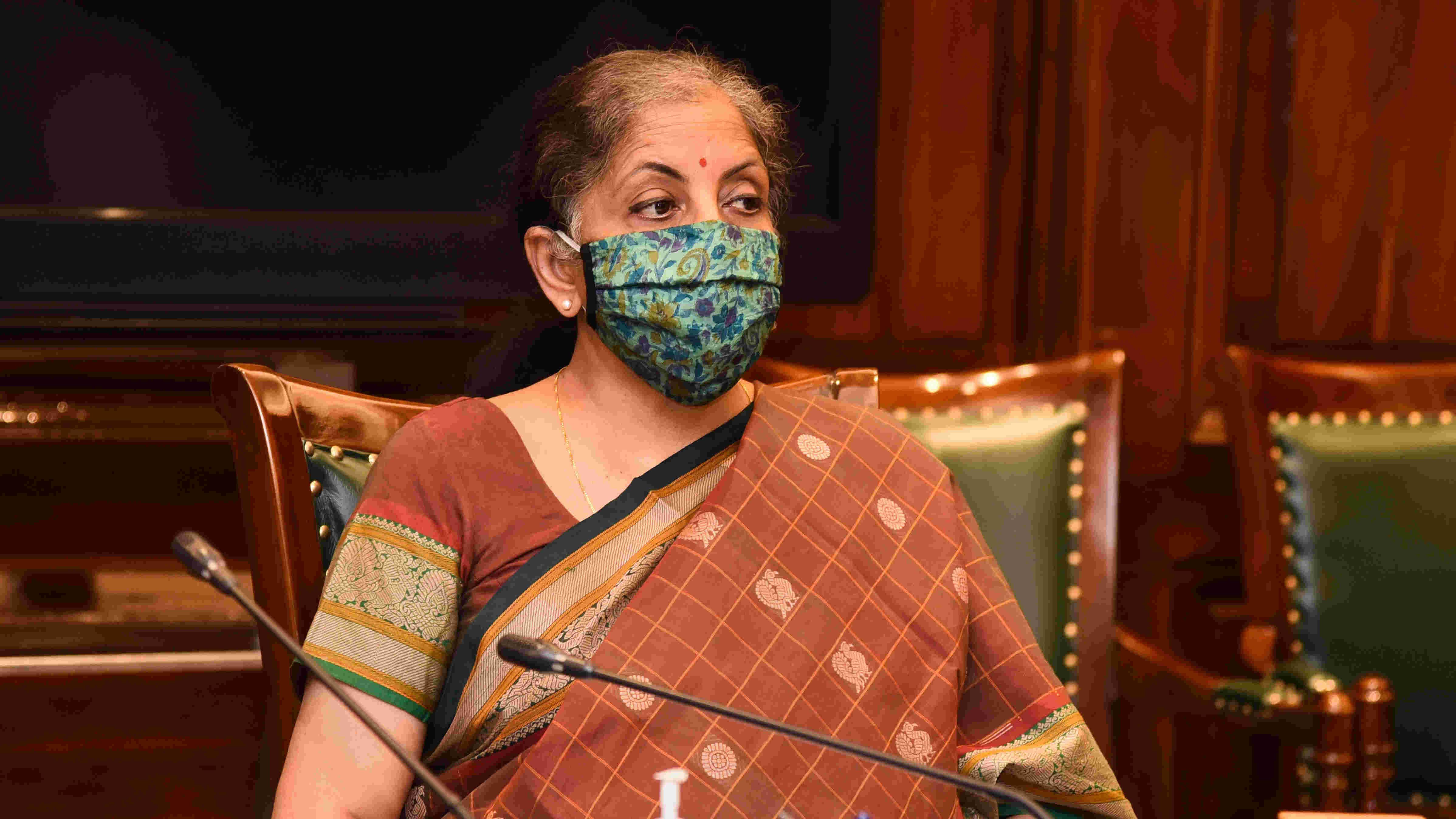 Union Finance Minister Nirmala Sitharaman during a review meeting with heads of banks and NBFCs, at North Block in New Delhi, Thursday, Sept. 3, 2020.