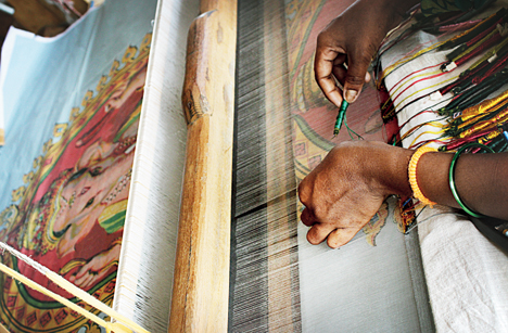 Khadi sari pallus being woven with images from paintings of Raja Ravi Varma