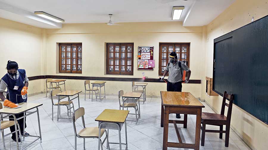 DPS Ruby Park, a NEET centre, being sanitised on Thursday ahead of the test on Sunday.