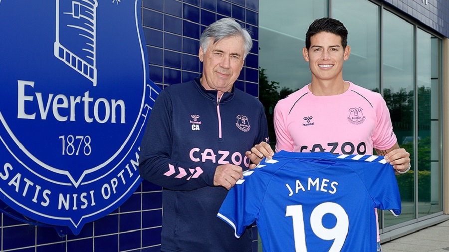 James Rodriguez with Carlo Ancelotti after the former signed for Everton