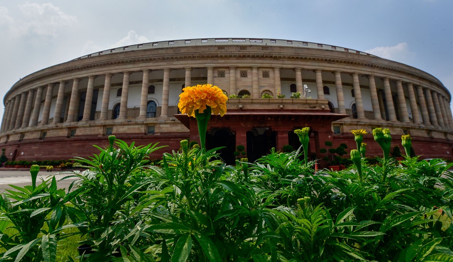 Parliament House ahead its monsoon session during Unlock 4, in New Delhi on Sunday.