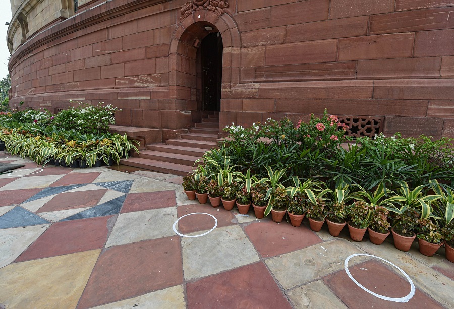 Circles marked on the floor to help maintain social distance at Parliament House ahead of the Monsoon Session.