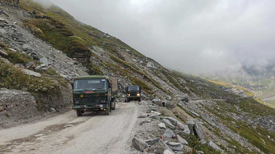 An Army convoy moves on Manali-Leh road amid the India-China stand off on Monday.