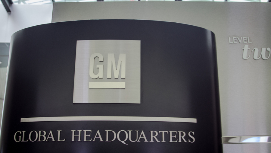  General Motors Global Headquarters sign at the Renaissance Center in downtown Detroit.