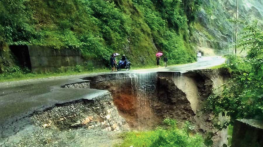 A stretch of NH10 that caved in at Swetijhora on Wednesday. 