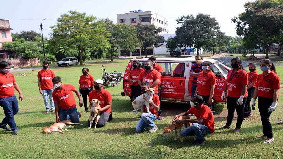 Members of Jamshedpur Red Paws Rescue Foundation during an anti-rabies vaccination drive in Sonari, Jamshedpur, in July