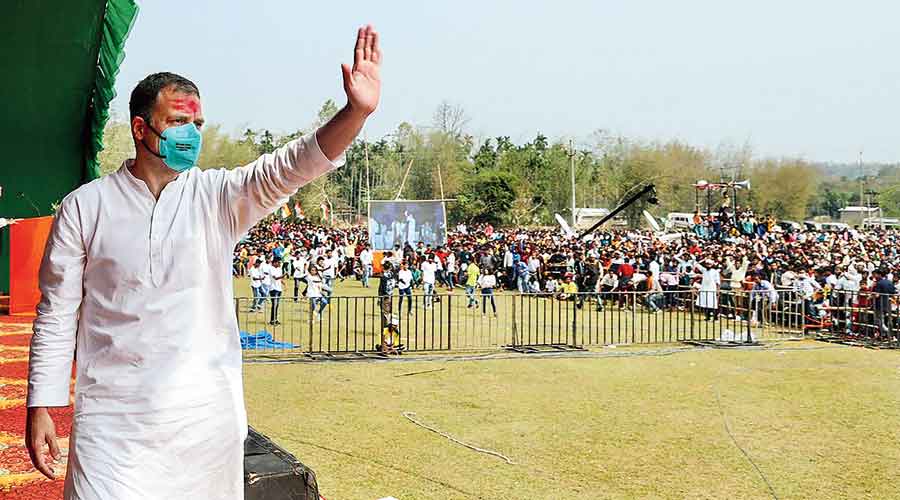 Rahul Gandhi waves at the crowd in Assam’s Nalbari  district on Wednesday