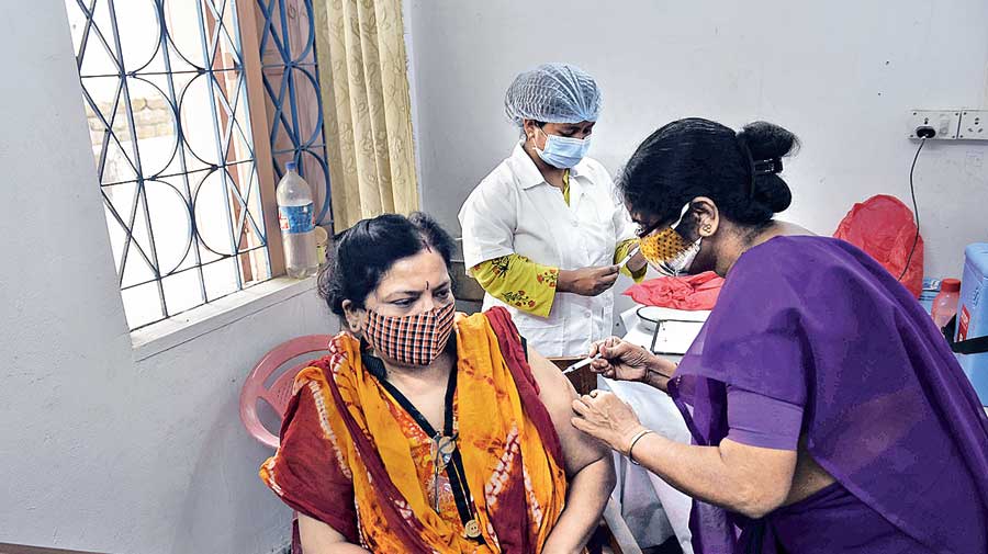 A woman being inoculated in Kasba on Thursday.  