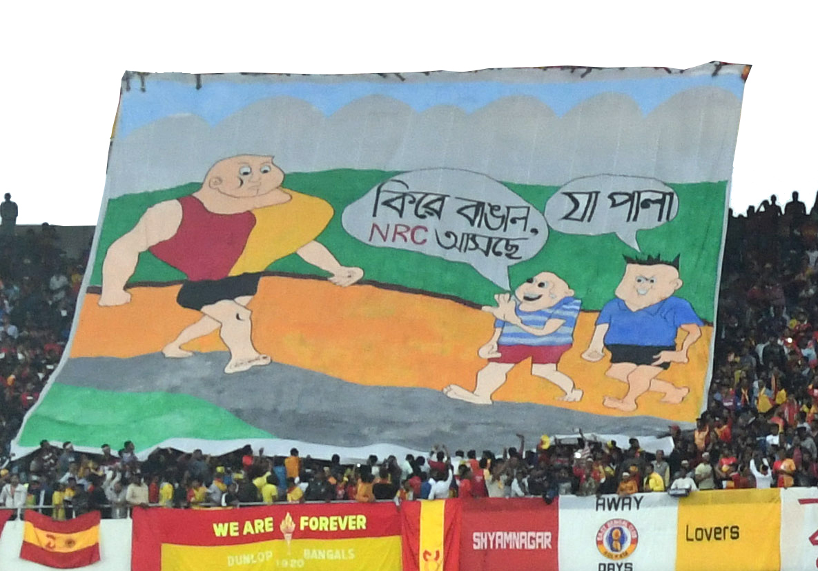 Political banners at a Hero I-League match between Mohun Bagan and East Bengal at Calcutta’s Salt Lake Stadium in January 2020