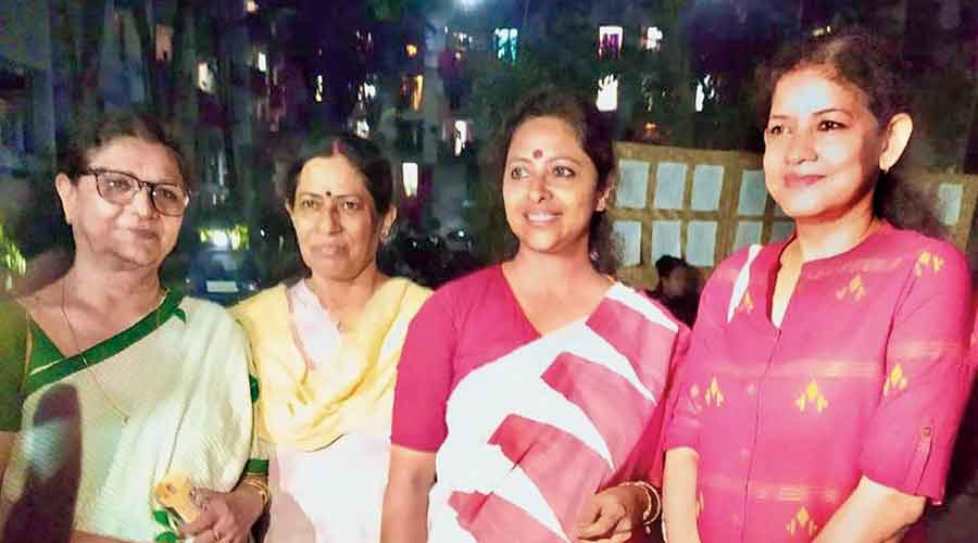 Anjana Basu (second from right), BJP candidate from Sonarpur (South), at Sugam Park on Friday evening