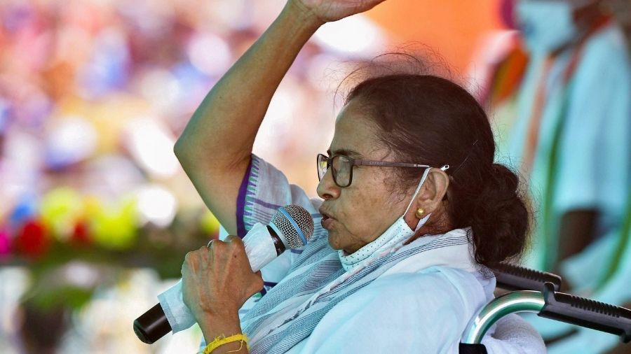 Mamata Banerjee addresses an election gathering in Canning on Saturday.