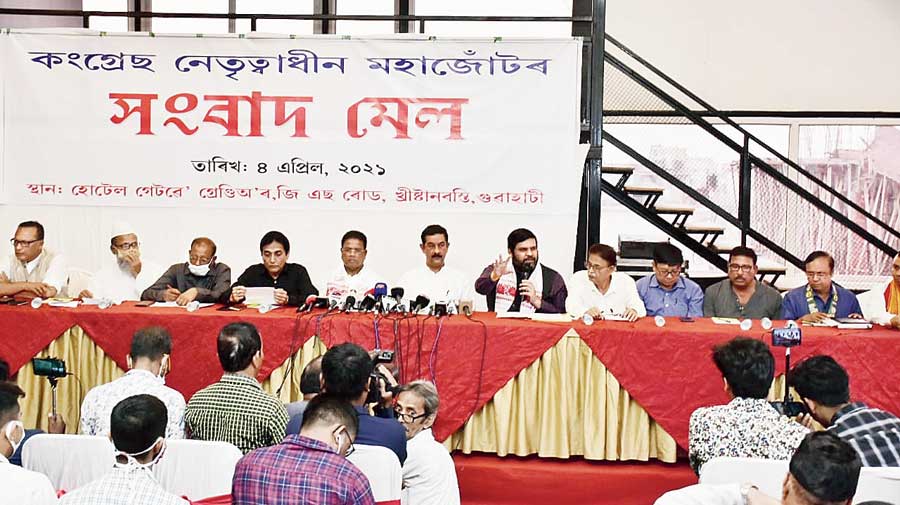 Congress-led ten-party alliance leaders address a joint news meet at a hotel in Guwahati before campaign for the third and last phase on Sunday