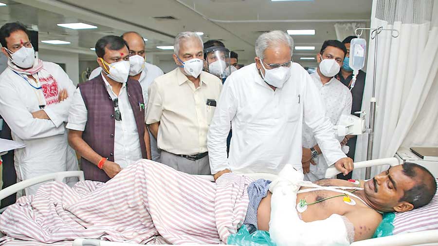 Chhattisgarh chief minister Bhupesh Baghel visits  an injured CRPF jawan  in a Raipur hospital  on Sunday. 