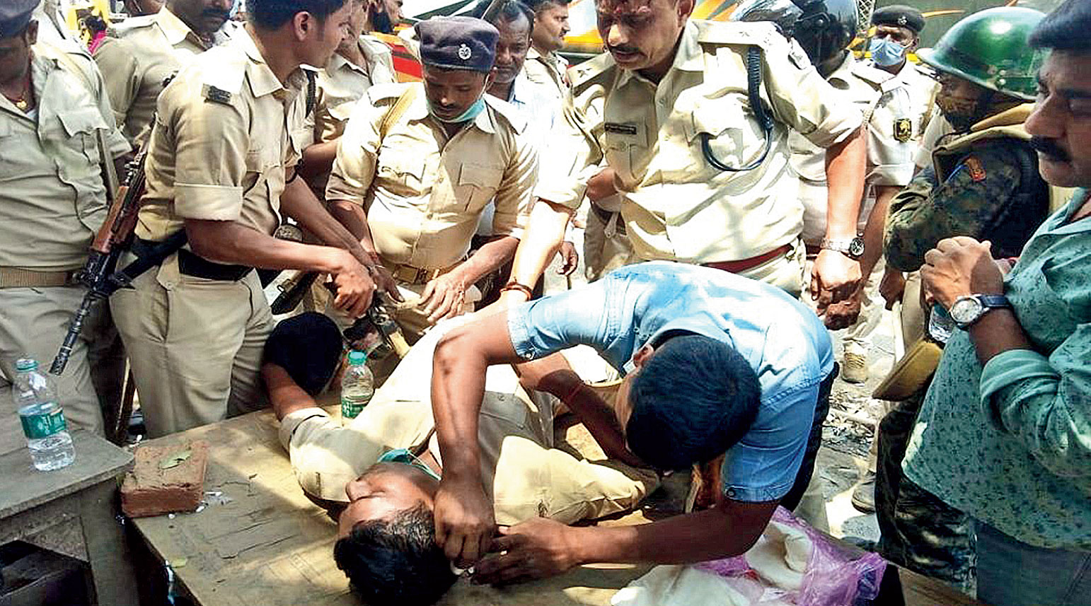 The injured police personnel in Bihar’s Sasaram town on Monday.