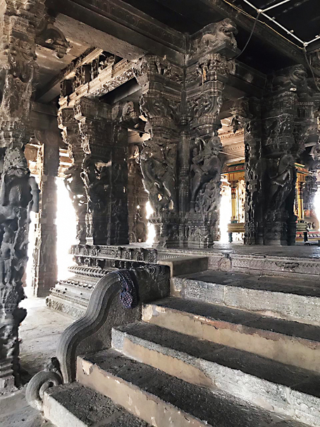 The temple architecture of south India and especially around Kanchipuram has historically served as a mood board for design inspiration for the traditional Kanjeevaram motifs. Seen here are glimpses from the Varadaraja Perumal Temple in Kanchipuram where motifs such as the Yali (an elephant-lion fusion), the Ganda Berunda (a two-headed majestic mythical bird) and the ubiquitous temple border called reku can be spotted